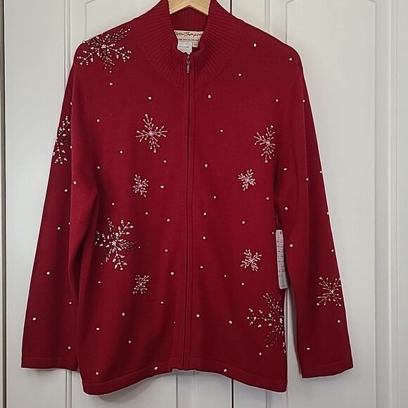 Norm Thompson Beaded Snowflake Zip Front Cotton Cardigan Sweater Red Size L - Picture 2 of 13
